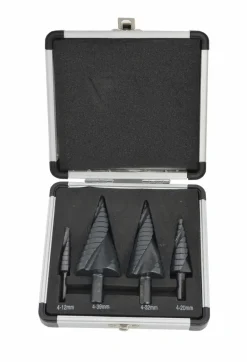 AW WIERTŁO STOPNIOWE SPIRALNE KPL. 4szt./ 4-12 4-20 4-32 4-39mm/ AICrN/ CZARNE/ ETUI PLASTIK