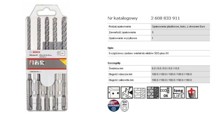BOSCH WIERTŁO SDS PLUS-5X KPL. 5szt. 6/6/8/8/10x160mm