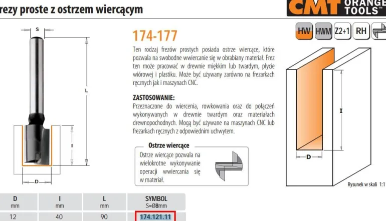 CMT FREZ PROSTY WIERCĄCY HM D=12 I=40 L=90 S=8