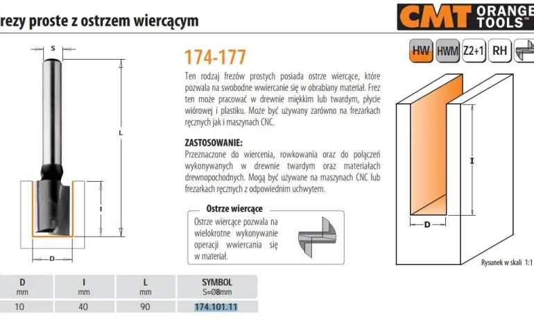 CMT FREZ PROSTY WIERCĄCY HM D=10 I=40 L=90 S=8