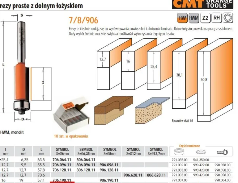 CMT FREZ PROSTY Z ŁOŻYSKIEM DOLNYM HM I=25,4 D=9,5 S=6