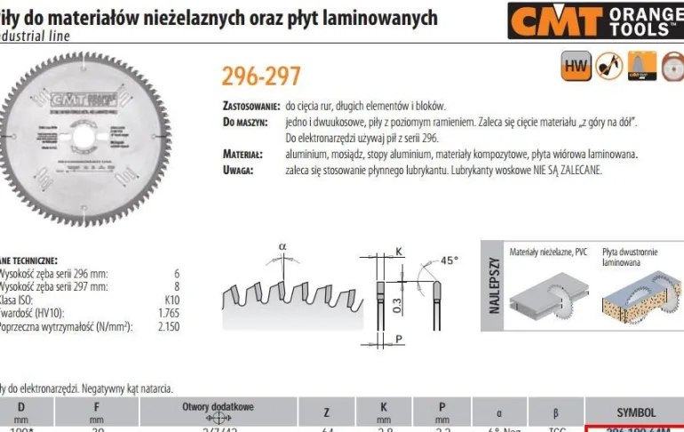 CMT PIŁA DO CIĘCIA MATERIAŁÓW NIEŻELAZNYCH,PCV ORAZ PŁYT LAMINOWANYCH HW D=190 F=30 Z=64 K=2,8/2,2