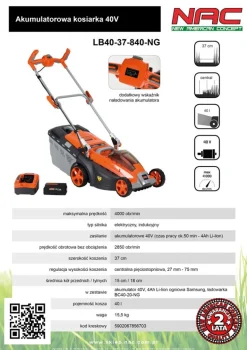 KOSIARKA AKUMULATOROWA INDUKCYJNA 40V 4Ah 37cm