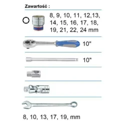 KT ZESTAW KLUCZY 24el. 1/2" KRÓTKIE 6-KĄT. 8-24mm +PŁASKO-OCZKOWE