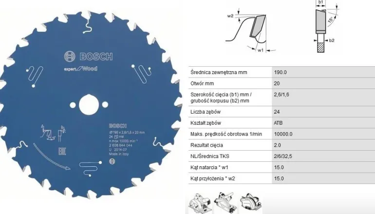 PIŁA TARCZOWA Z WĘGLIKIEM DO DREWNA EXPERT WOOD 190 x 20 x 2,6mm 24 ZĘBY
